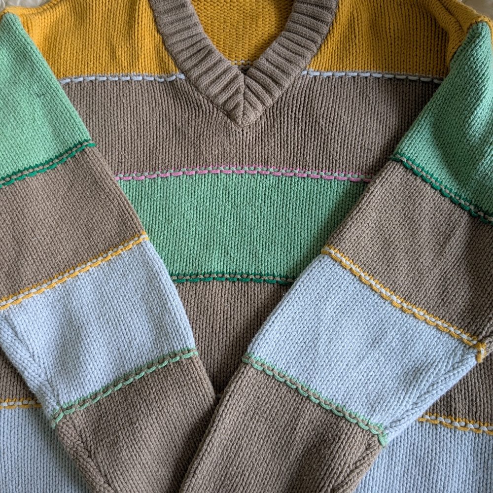 Zara Multicolor V-Neck Sweater - Yellow, Green, Brown, Cream